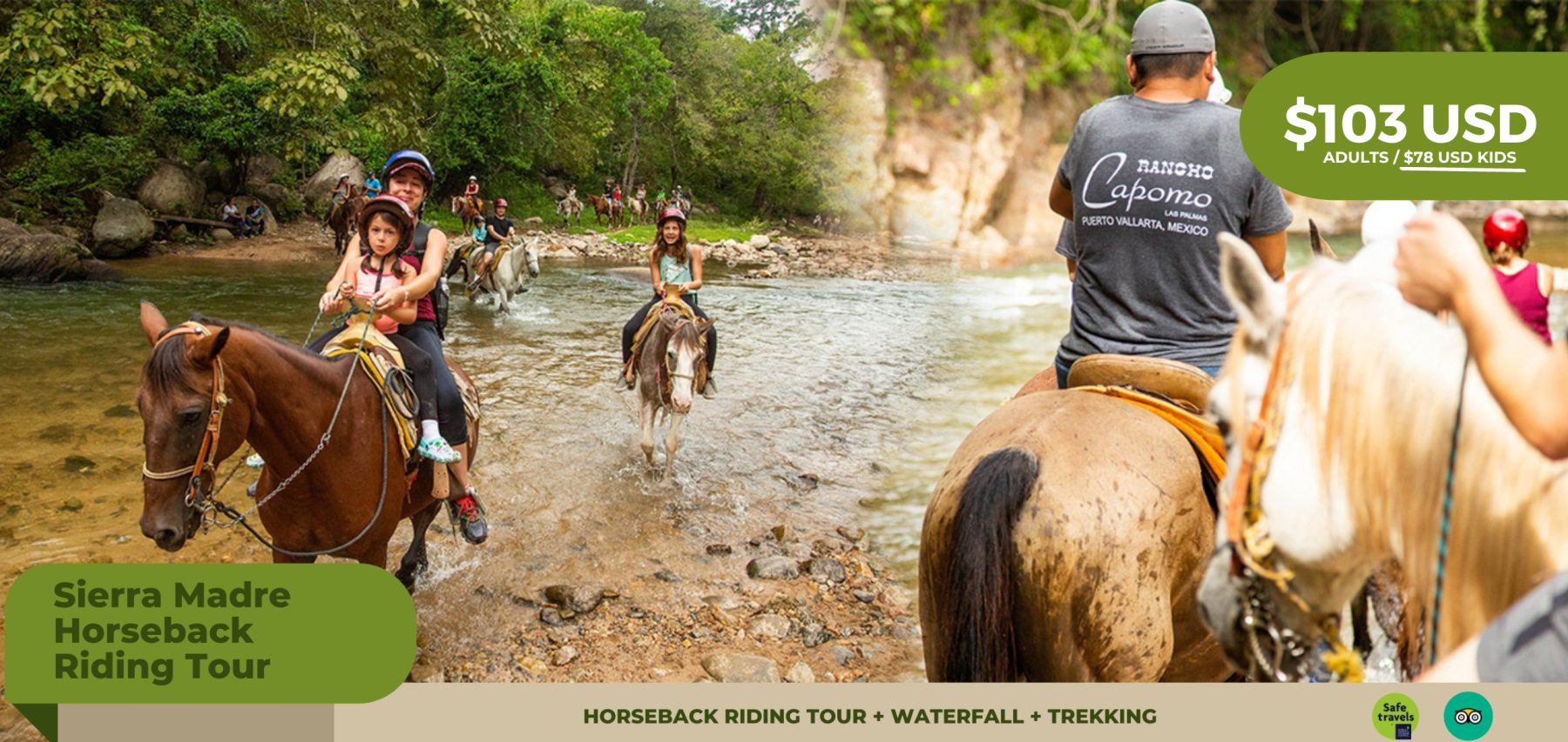 Jinetes cruzando un río a caballo en la Sierra Madre en el tour en caballo de Rancho Capomo, $103 USD