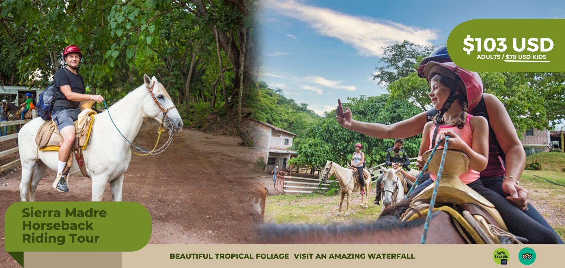 Tour en Caballo en la Sierra Madre cerca de Puerto Vallarta, jinetes en un sendero de selva