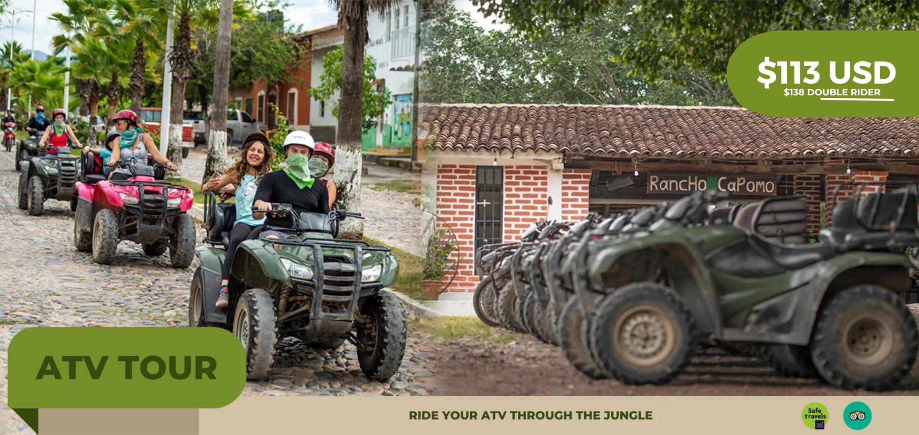 Grupo de conductores de ATV con casco en el tour de cuatrimotos de Rancho Capomo en Las Palmas, Jalisco
