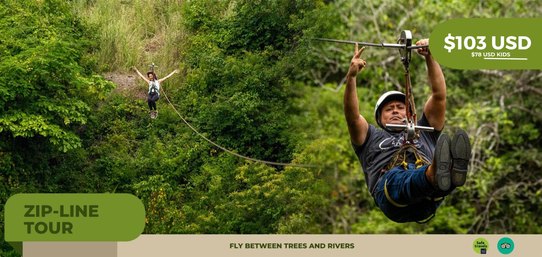 Persona volando en tirolesa sobre las copas de los árboles en el tour en tirolesa Sierra Madre, Puerto Vallarta